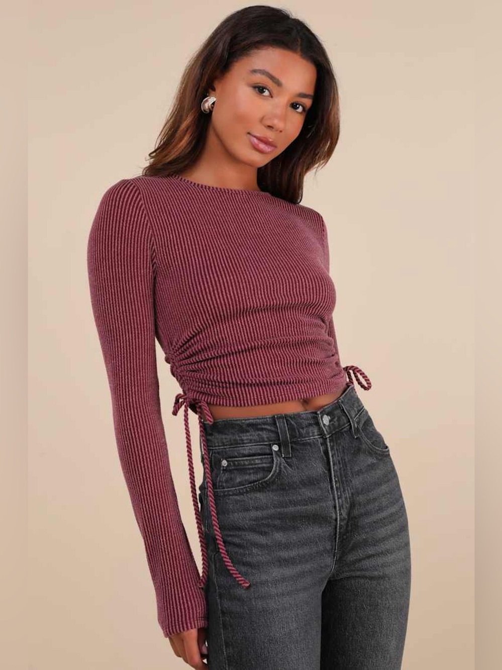 LULUS Ribbed Side-Tie Long-Sleeve Crop Top in Burgundy